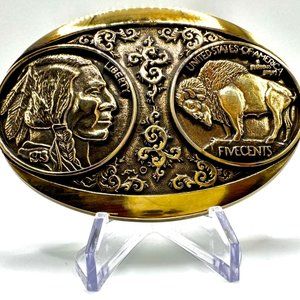 Montana Silversmiths Buffalo Nickel Brass Belt Buckle, Five Cents Beautiful